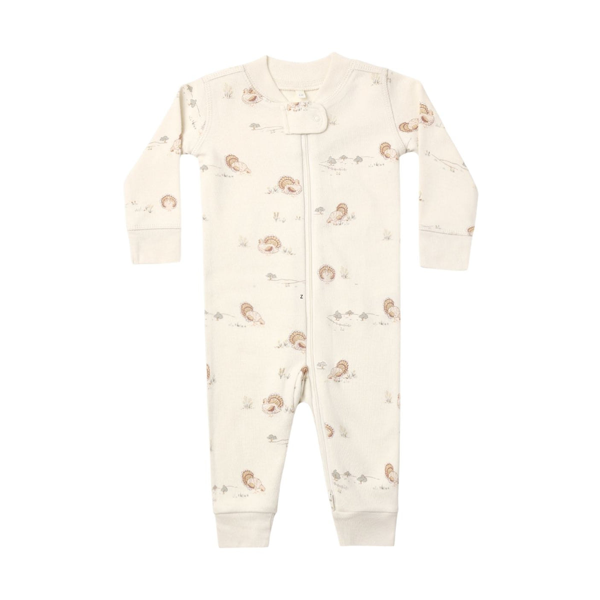 A long-sleeve baby zip sleeper featuring a neutral animal print pattern on an ivory fabric.