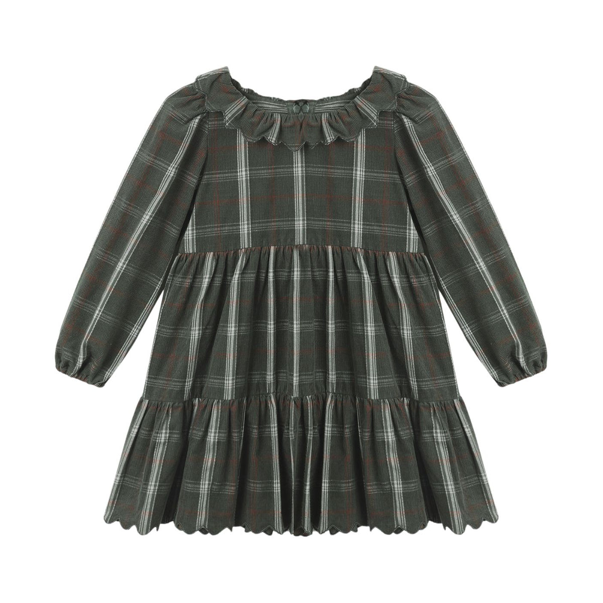 A long-sleeve toddler dress in a dark green and gray plaid pattern with white and red accent lines, featuring a ruffled collar and tiered skirt, shown on a plain white background.