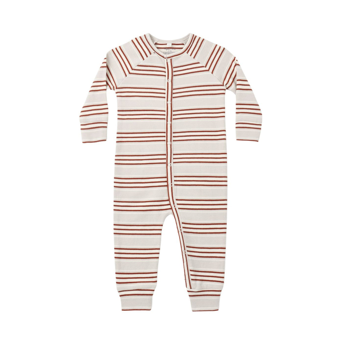 A baby long-sleeve footless sleeper with horizontal rust-brown and off-white stripes, featuring a snap-button front and a wide collar, shown on a plain white background.