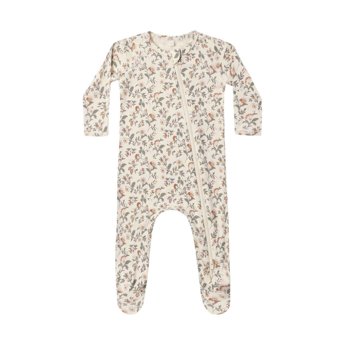 A long-sleeve, footed baby sleeper in a natural hue featuring a delicate botanical holiday floral print, shown flat against a white background.