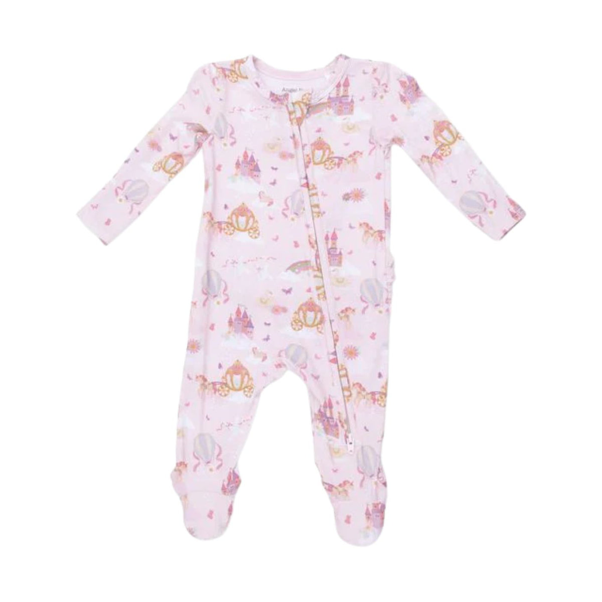 A baby long-sleeve footed sleeper in light pink with a whimsical print of castles, carriages, and fairies, shown flat on a white background.