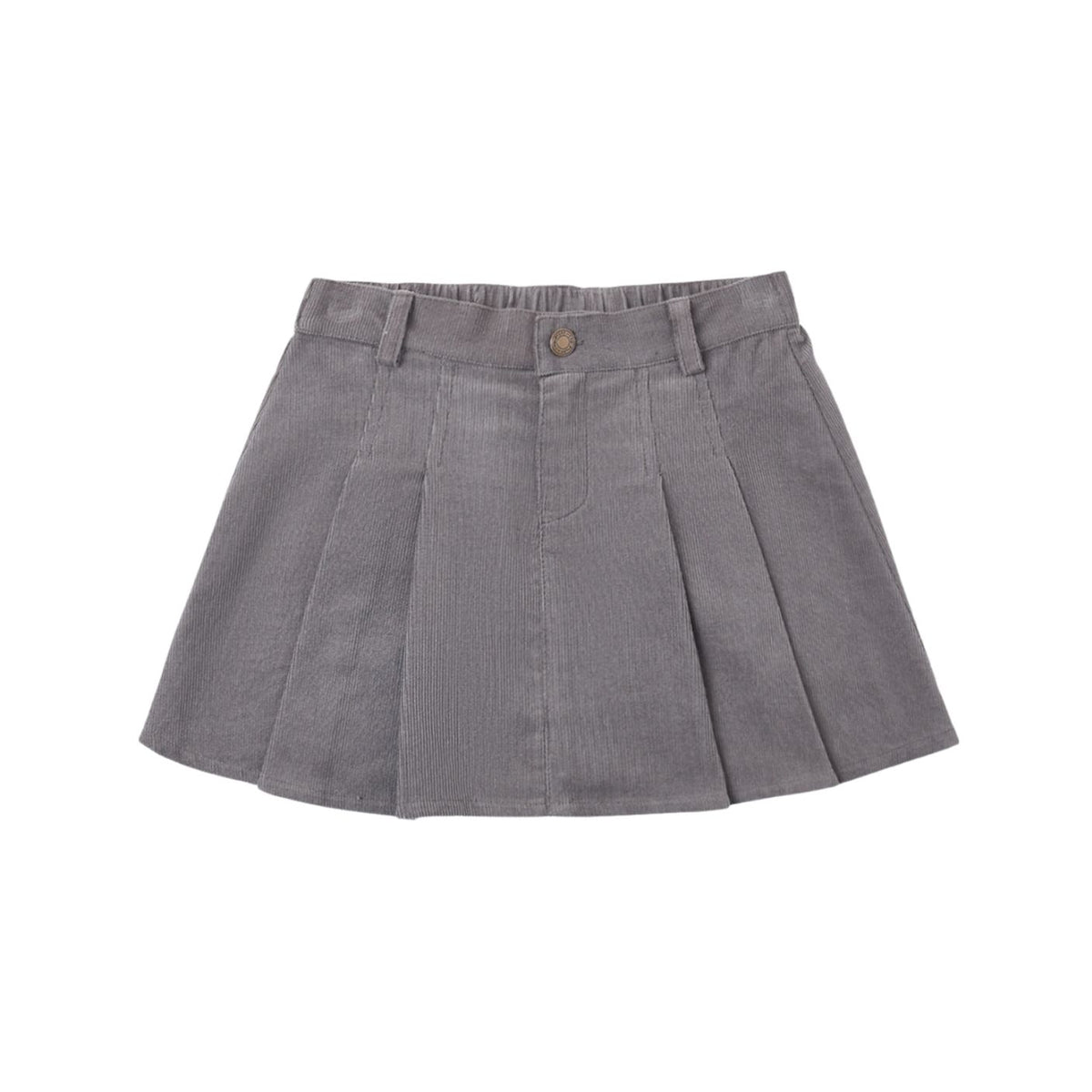 A gray pleated corduroy mini skirt with a button closure, shown flat against a plain white background.