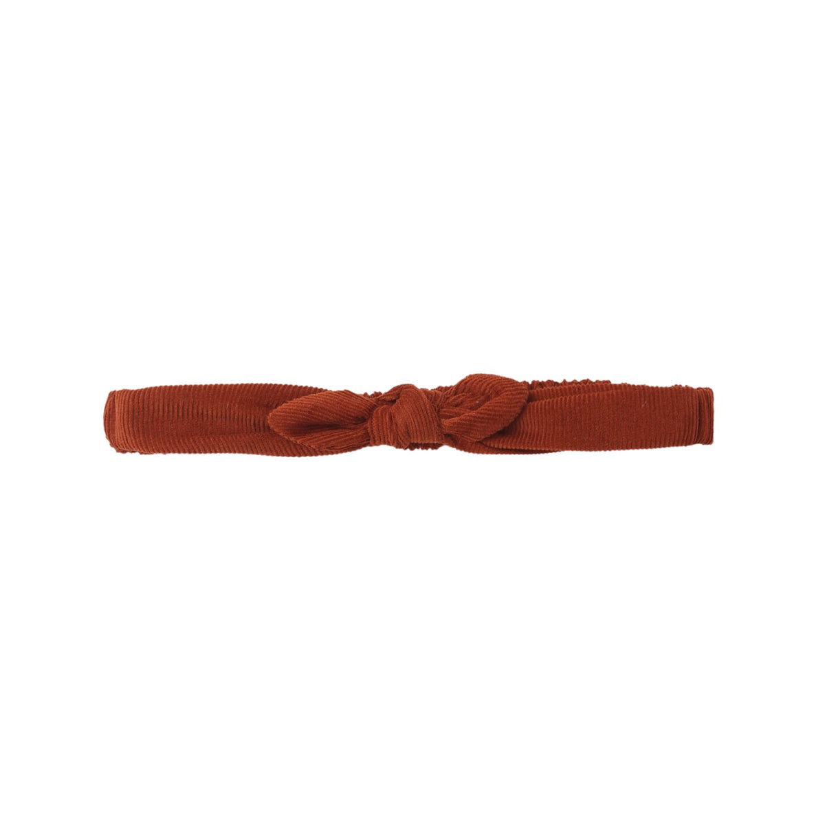 A rust-brown corduroy headband with a knotted bow detail displayed on a clean white background.