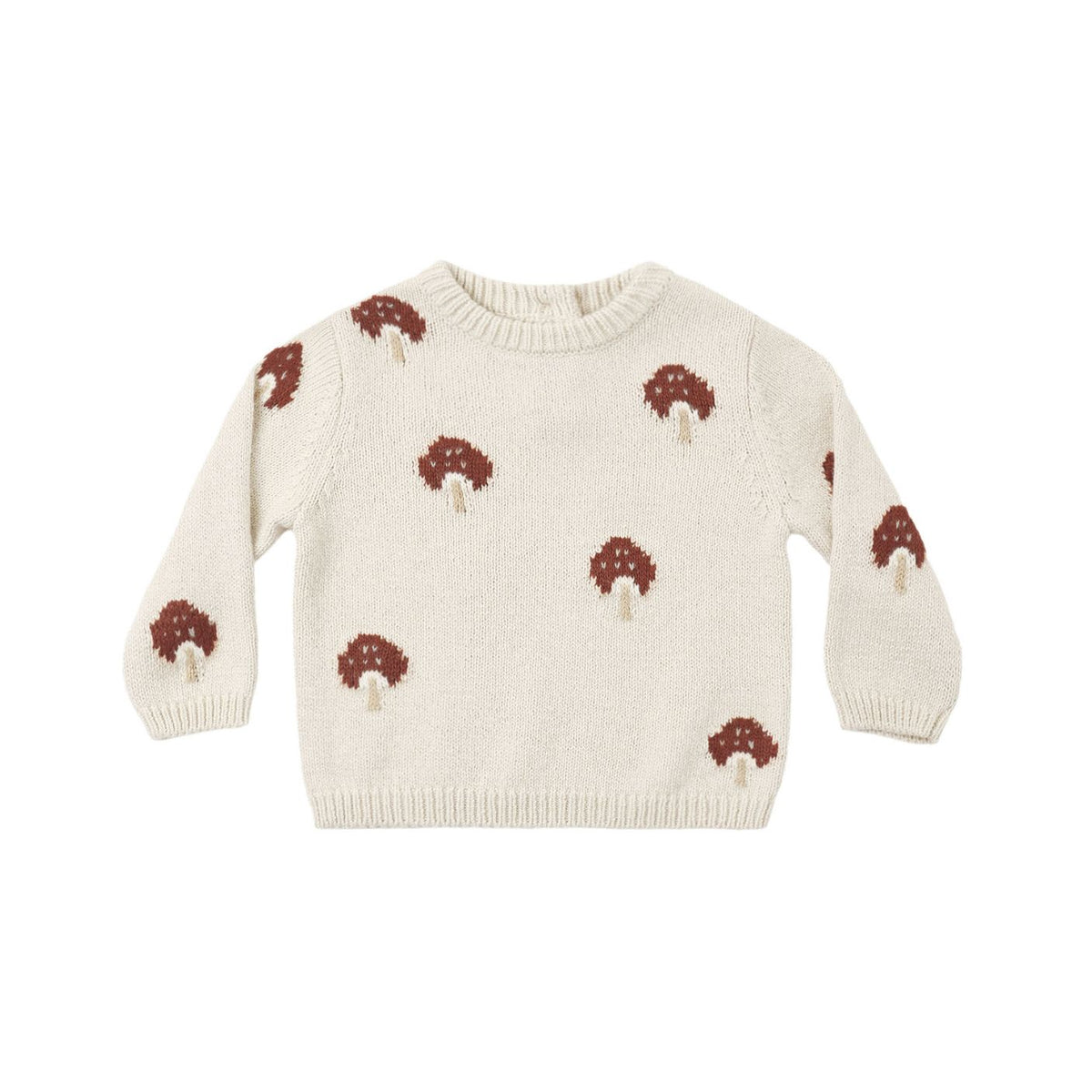 Quincy Mae long-sleeve knit sweater in a cream or parchment hue, featuring an all-over brown mushroom pattern, a round ribbed neckline, and a straight hem.