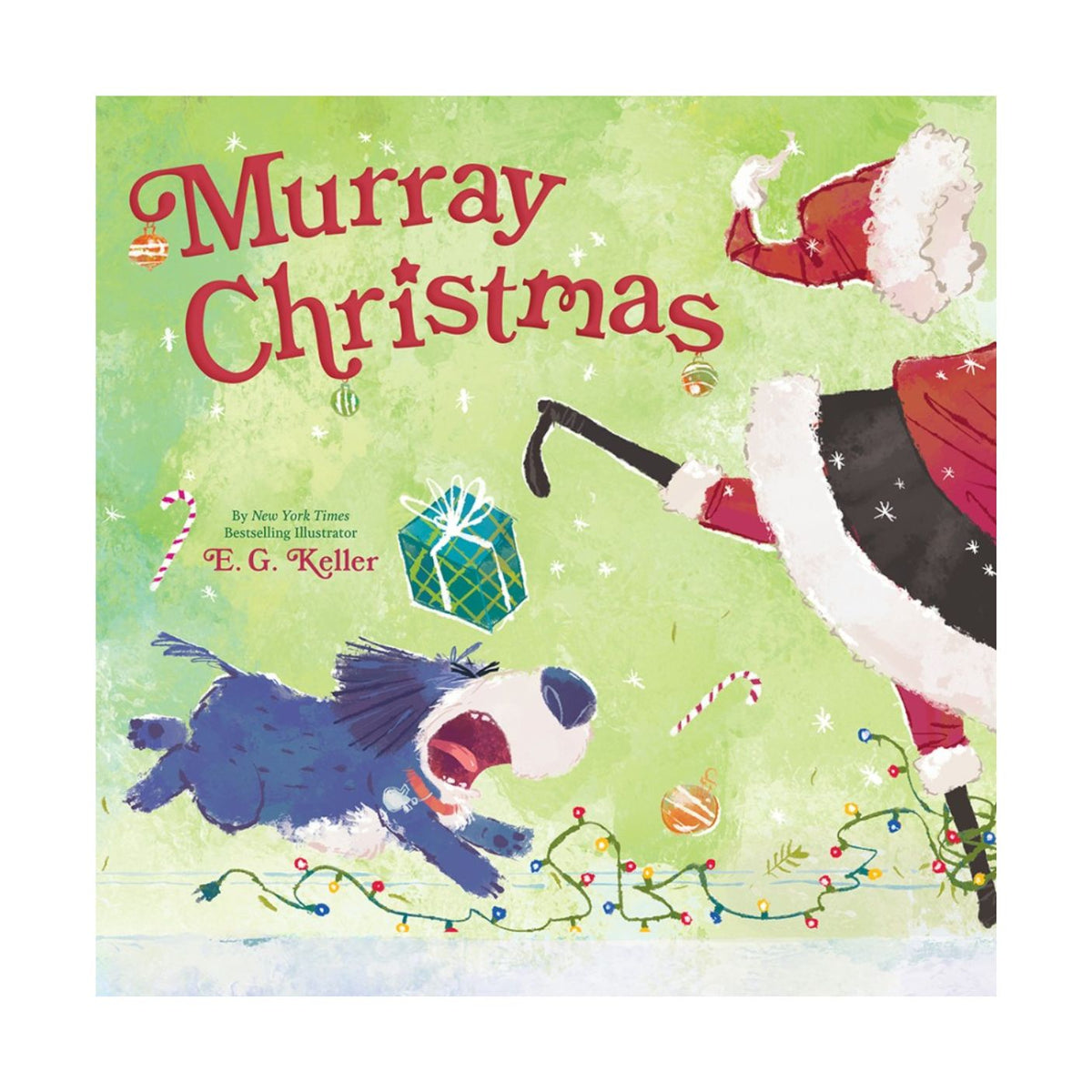 Book cover of 'Murray Christmas' with a dog and Santa Claus on a green background