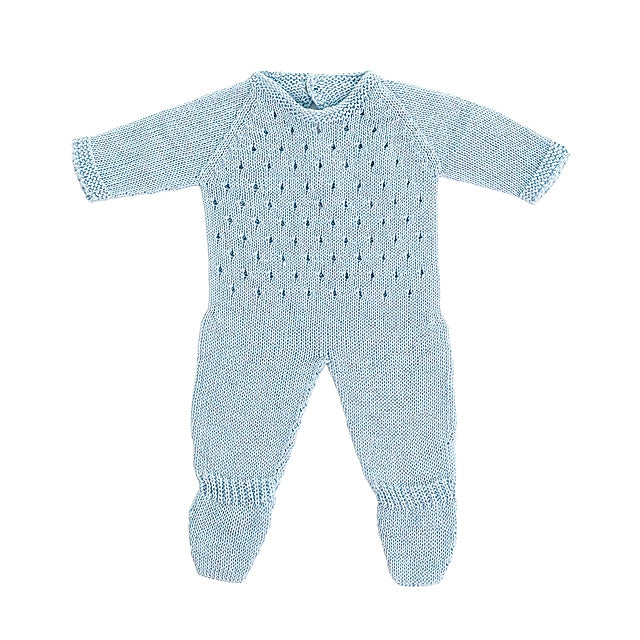 A light blue hand-knit baby jumpsuit for doll with a textured openwork pattern on the chest, raglan sleeves, and ribbed cuffs on the legs, shown against a plain white background.