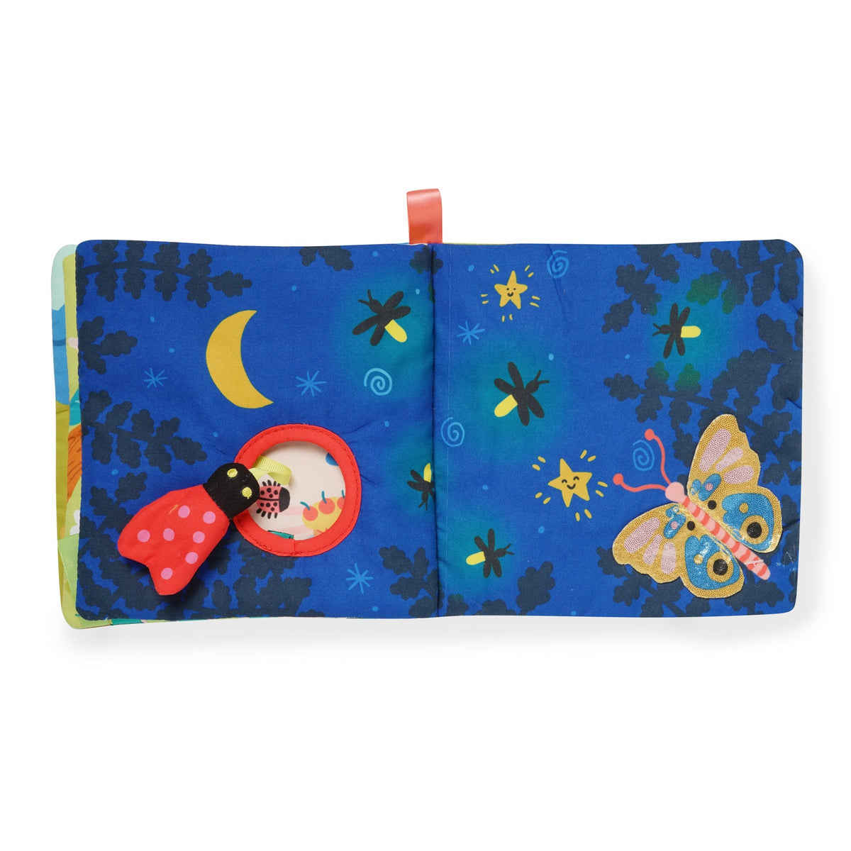 Children's soft book with colorful illustrations of a butterfly, ladybug, and night sky on a blue background.