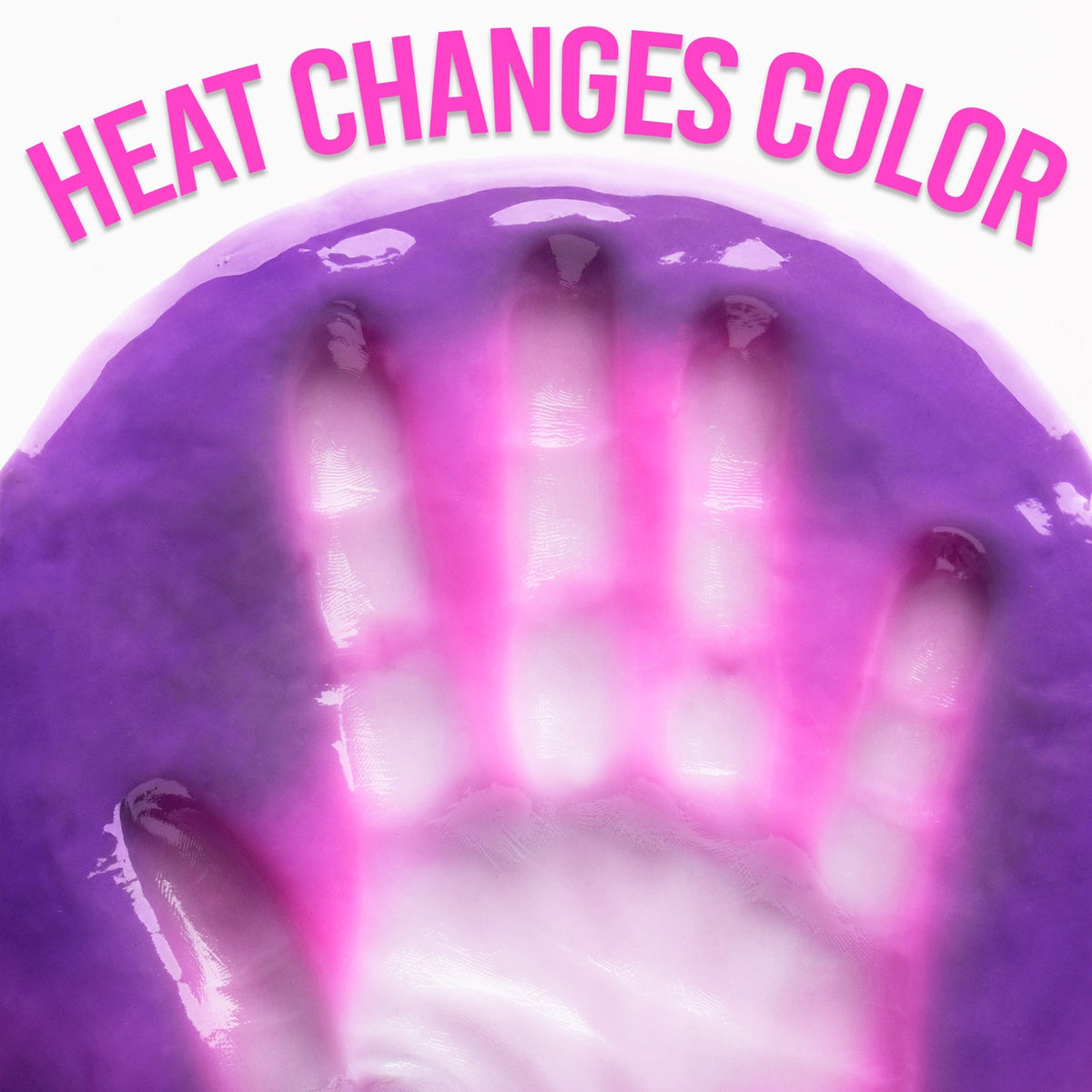 Handprint in purple material with text 'HEAT CHANGES COLOR' above it