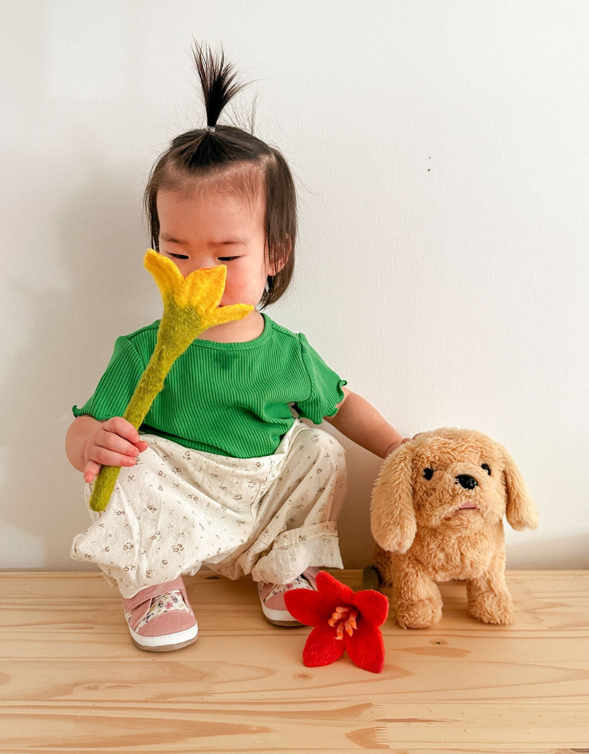 Child holding a yellow toy flower with a stuffed dog and red flower on a wooden floor.