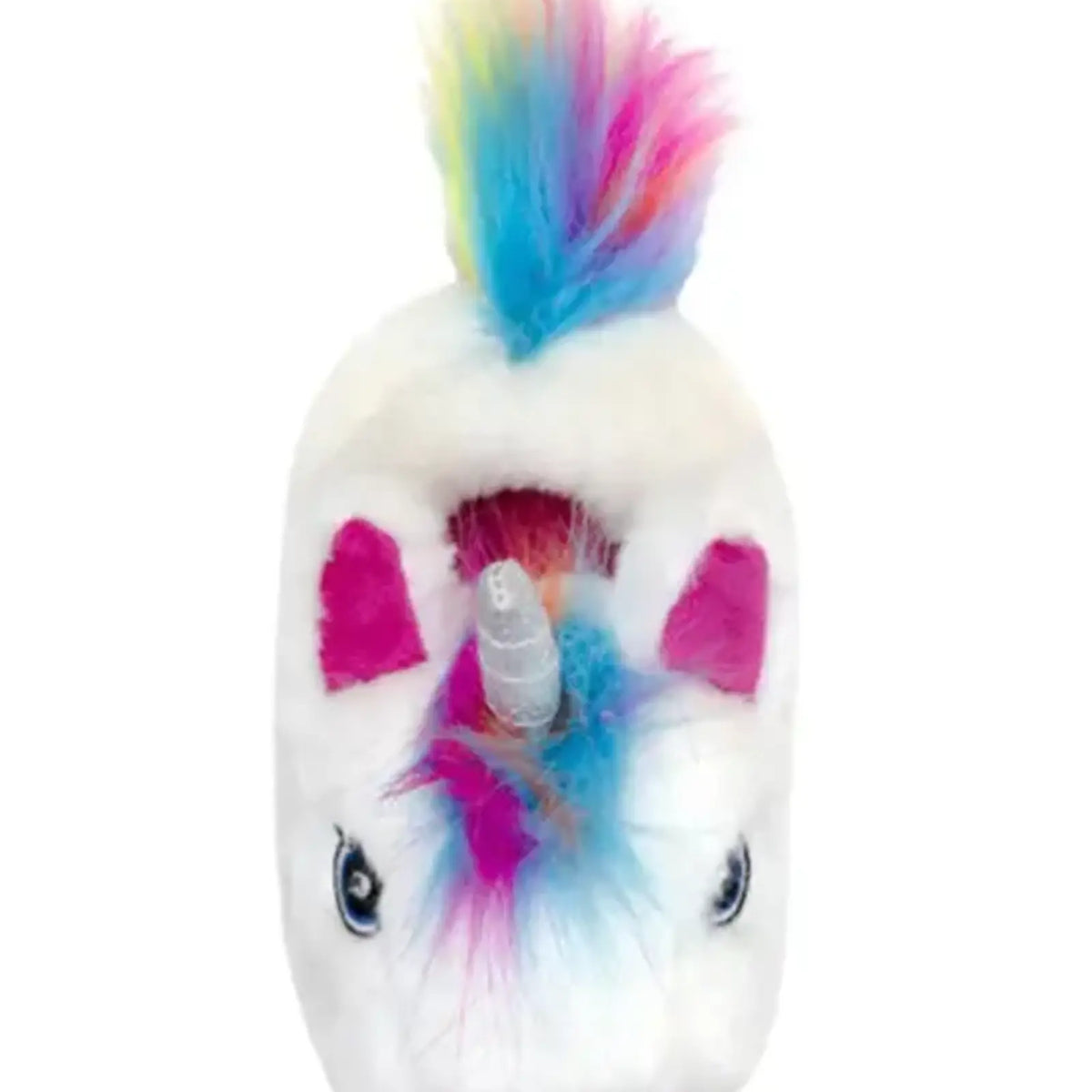 Plush toy unicorn with a colorful mane on a white background