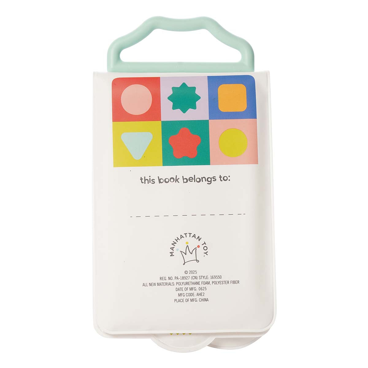 Children's book with colorful shapes on the cover and a handle, on a white background.