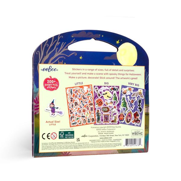 Halloween-themed sticker set packaging with illustrations and text on a white background