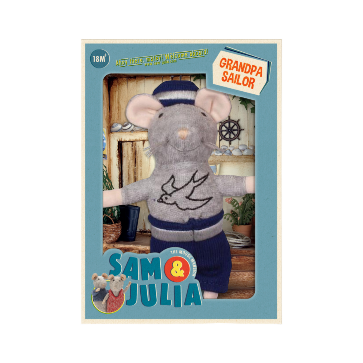 Plush toy mouse dressed as a sailor in packaging with 'Sam & Julia' branding.