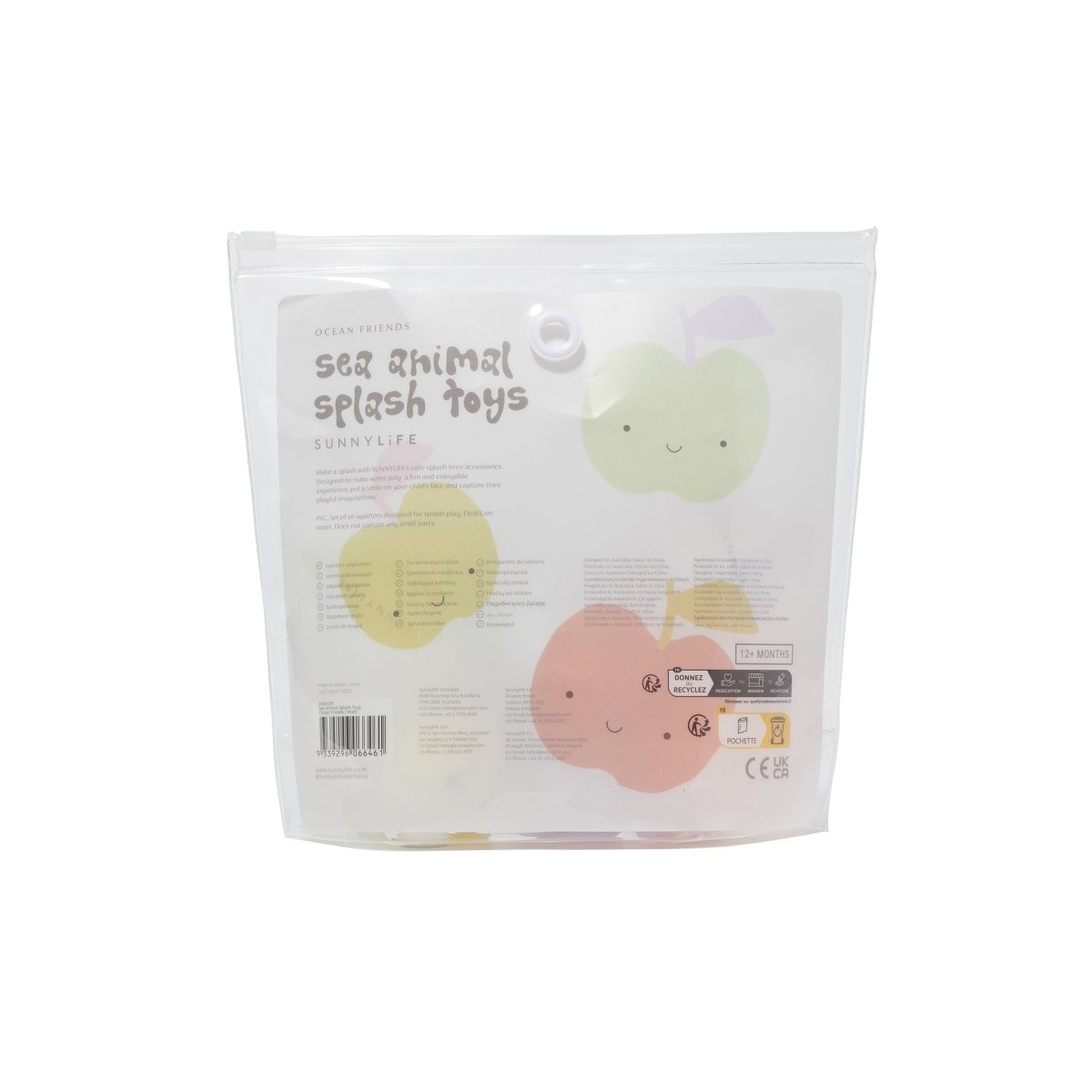 Clear bag with sea animal splash toys packaging on a white background