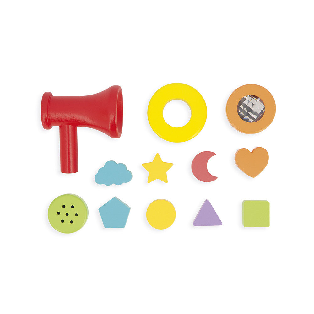 Colorful toy set with shapes and a megaphone on a white background