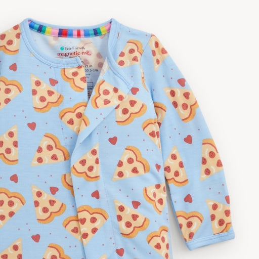 A baby long-sleeve sleep sack in light blue with an all-over pizza slice and red heart pattern, featuring a colorful striped inner neck trim and a magnetic snap closure.