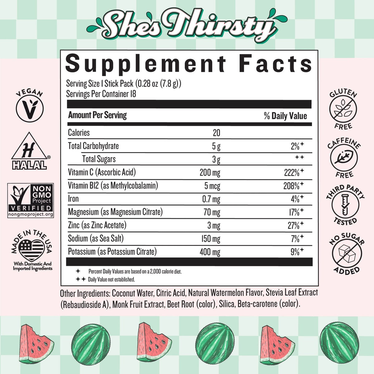 Supplement facts label for 'She's Thirsty' product with nutritional information and icons on a checkered background.