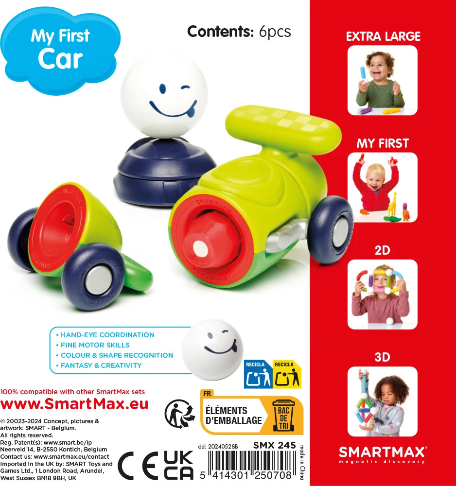 SmartMax My First Car packaging back view showing product feature icons, developmental benefits, barcode, and safety certifications.