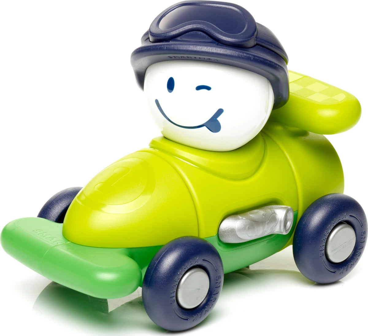 SmartMax My First Car green toy vehicle featuring a smiling driver figure with pilot goggles seated inside and dark blue wheels.