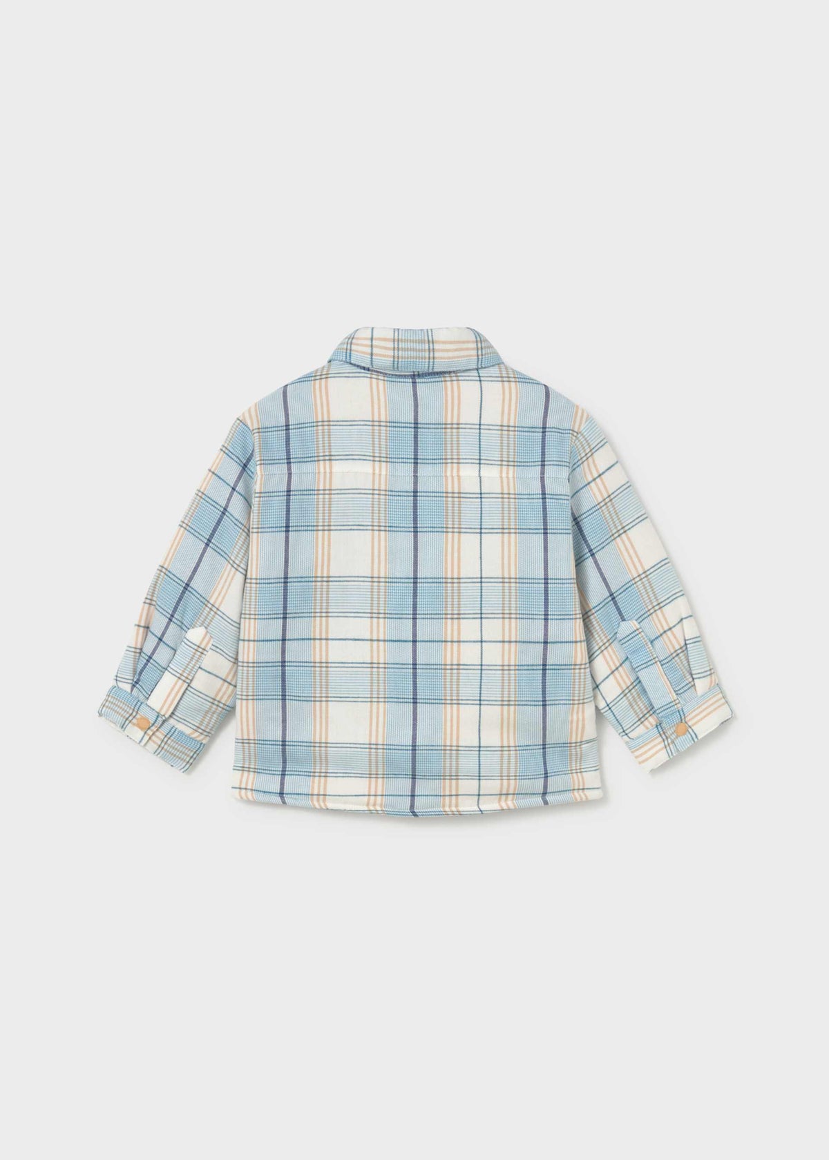 A children's long-sleeve plaid shirt shown from the back, featuring a light blue, cream, and white checkered pattern with thin orange stripes, photographed on a light gray background.