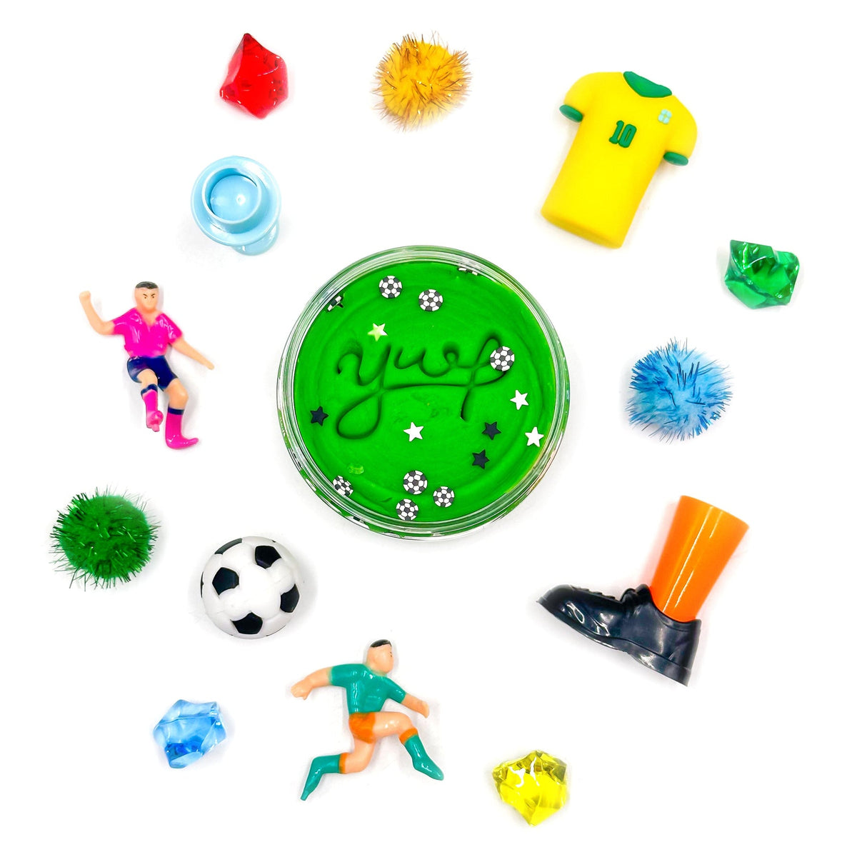 Collection of colorful soccer-themed toys and accessories on a white background