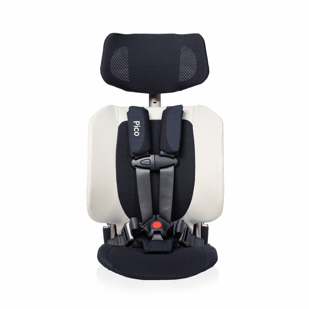 Child car seat with black and white design on a white background