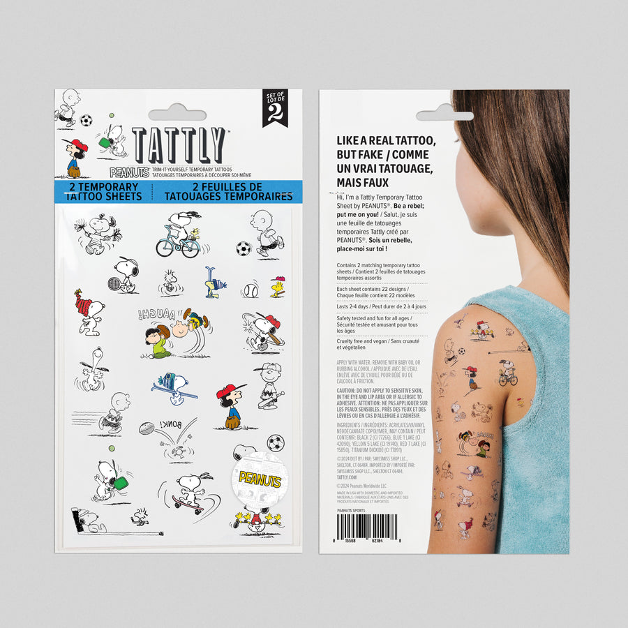 Tattly temporary tattoo packaging with cartoon designs and a person wearing tattoos on a gray background