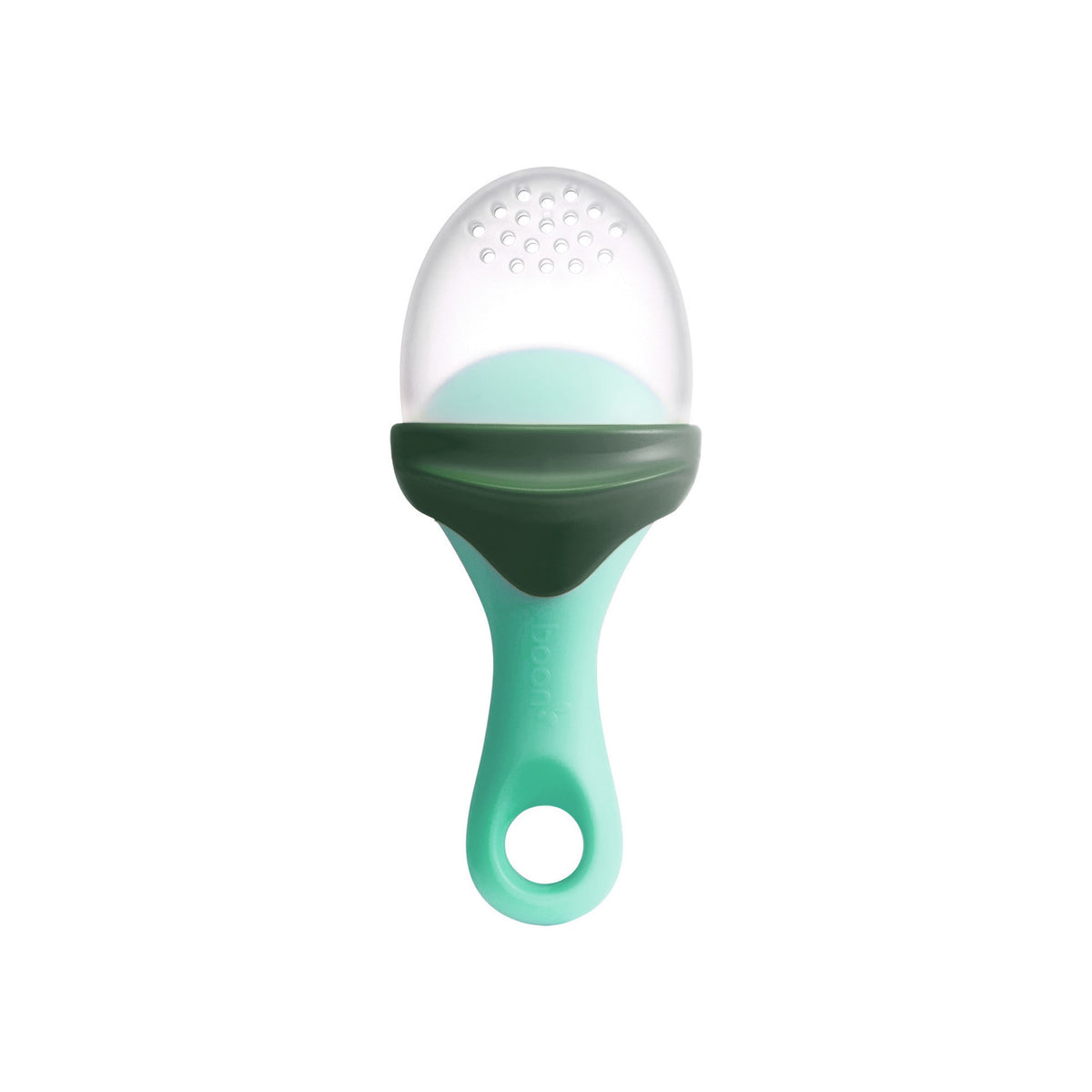 A silicone baby teether or sensory toy with a mint green handle, a dark green curved grip, and a clear silicone top covered in small raised dots, shown on a plain white background.