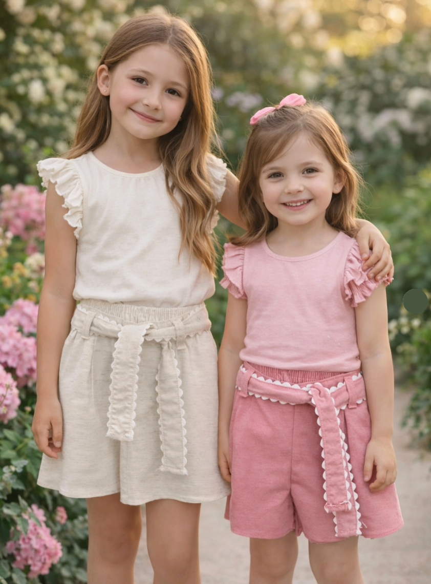 Two young girls standing outdoors in a garden, wearing matching ruffle-trimmed two-piece outfits. The girl on the left wears an off-white set, and the girl on the right wears a dusty pink set.