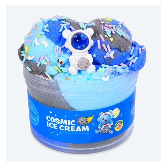 Cosmic ice cream with an astronaut toy on top, labeled 'Cosmic Ice Cream' on a white background.