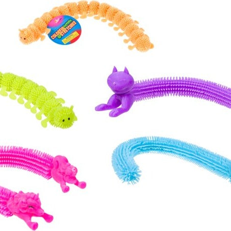 Set of colorful stretchy caterpillar toys on a white background
