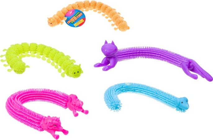 Set of colorful stretchy caterpillar toys on a white background