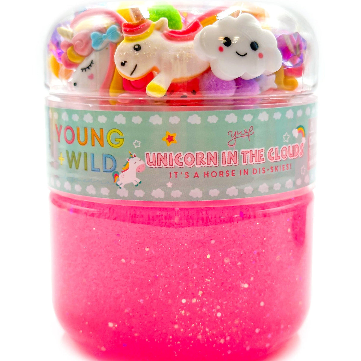 Jar of colorful squishies with a pink base, featuring cartoon unicorns and clouds on a white background.