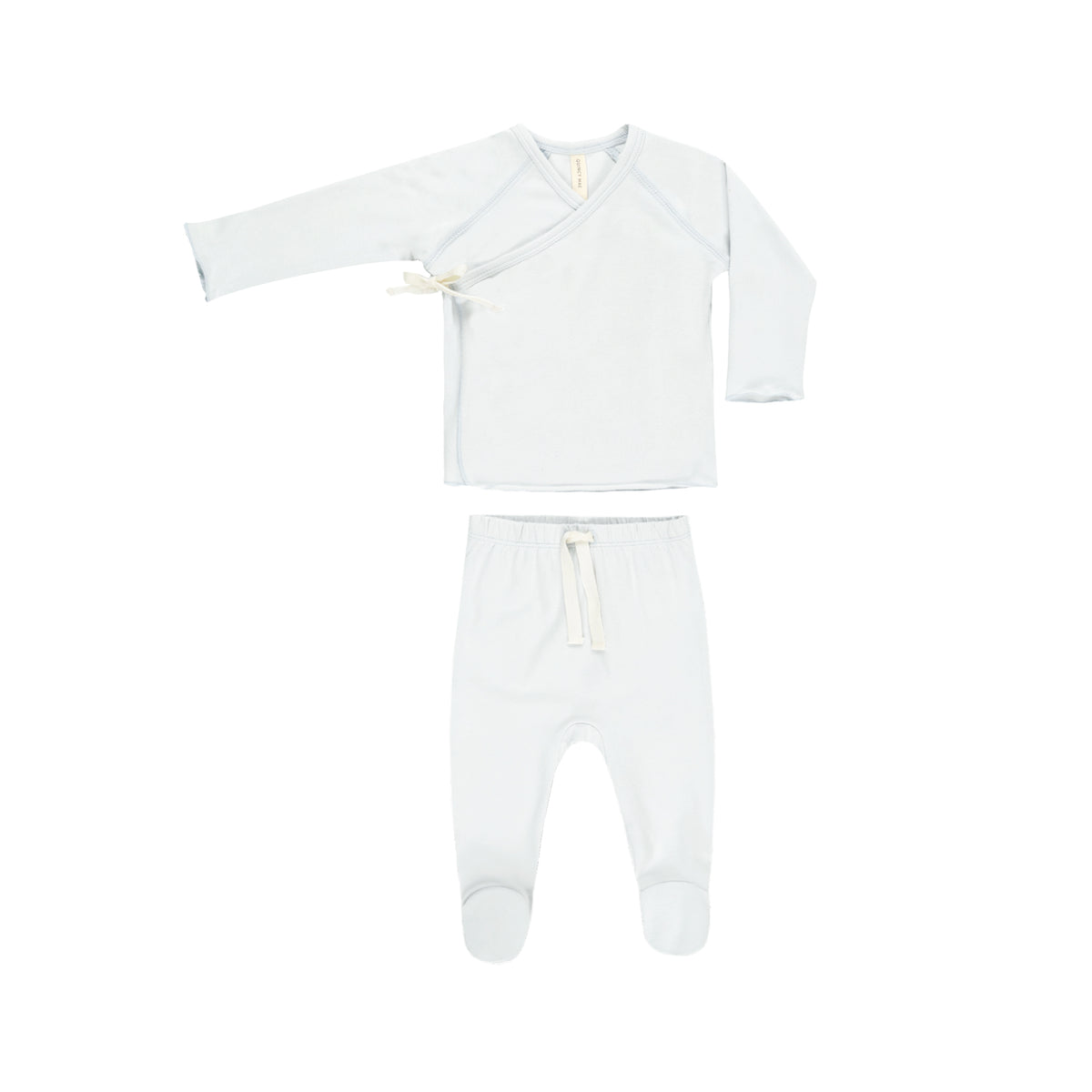 White baby outfit with long-sleeve top and pants on a white background