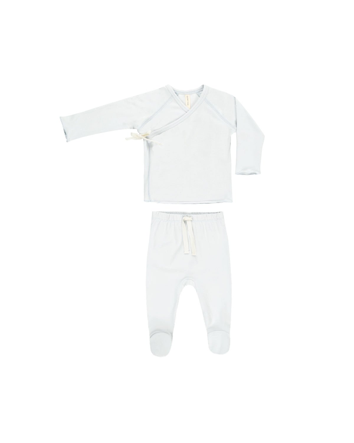 White baby outfit with long-sleeve top and pants on a white background