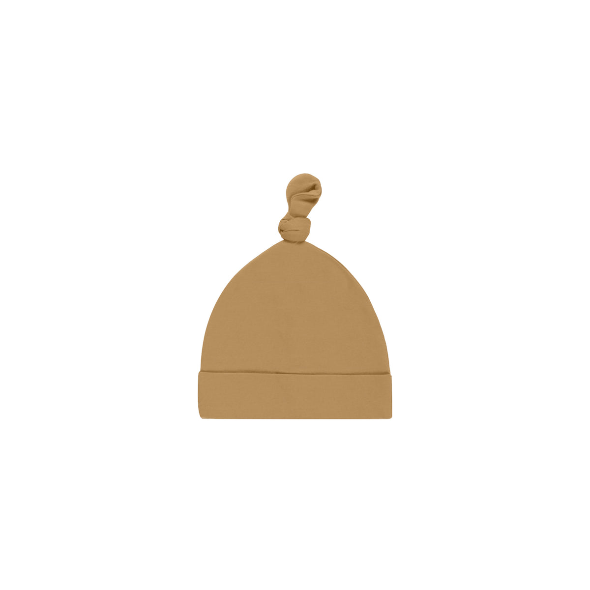 Beige baby hat with a knot on a white background