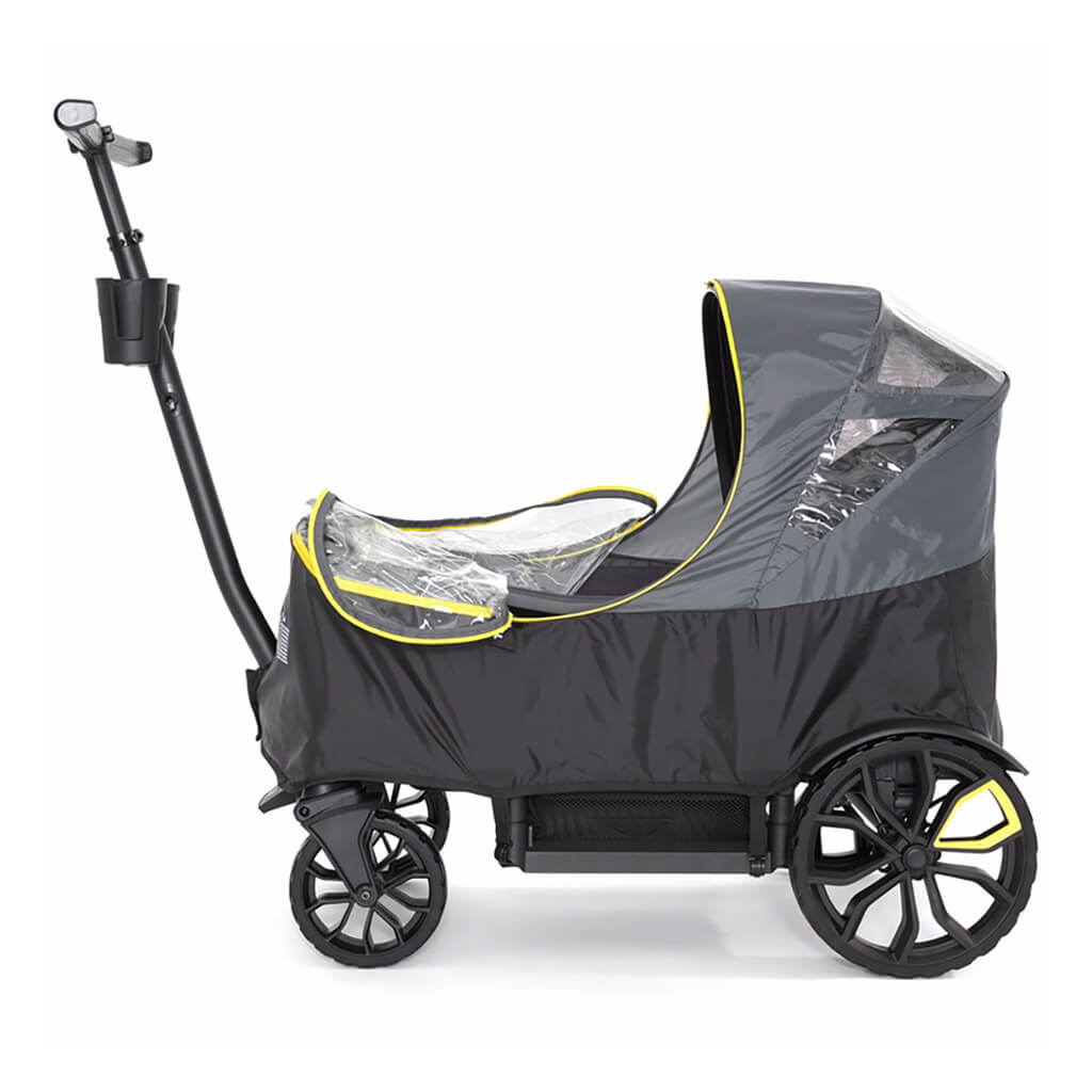 Black and gray stroller with a rain cover on a white background