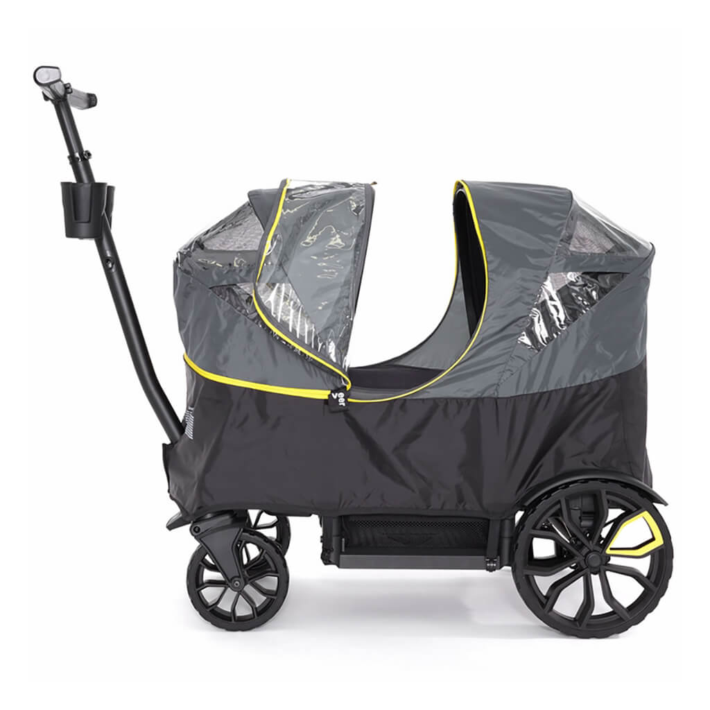 Black and gray stroller with a transparent rain cover on a white background