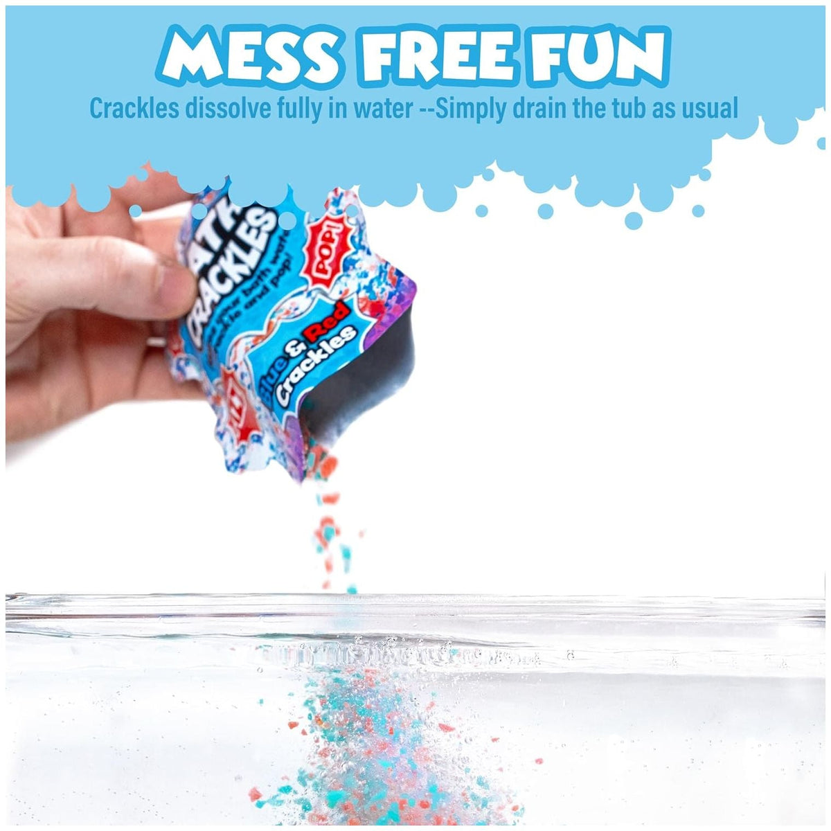 Hand pouring a small container of 'Fizzy Crackle' into water with text 'Mess Free Fun' on a blue background.