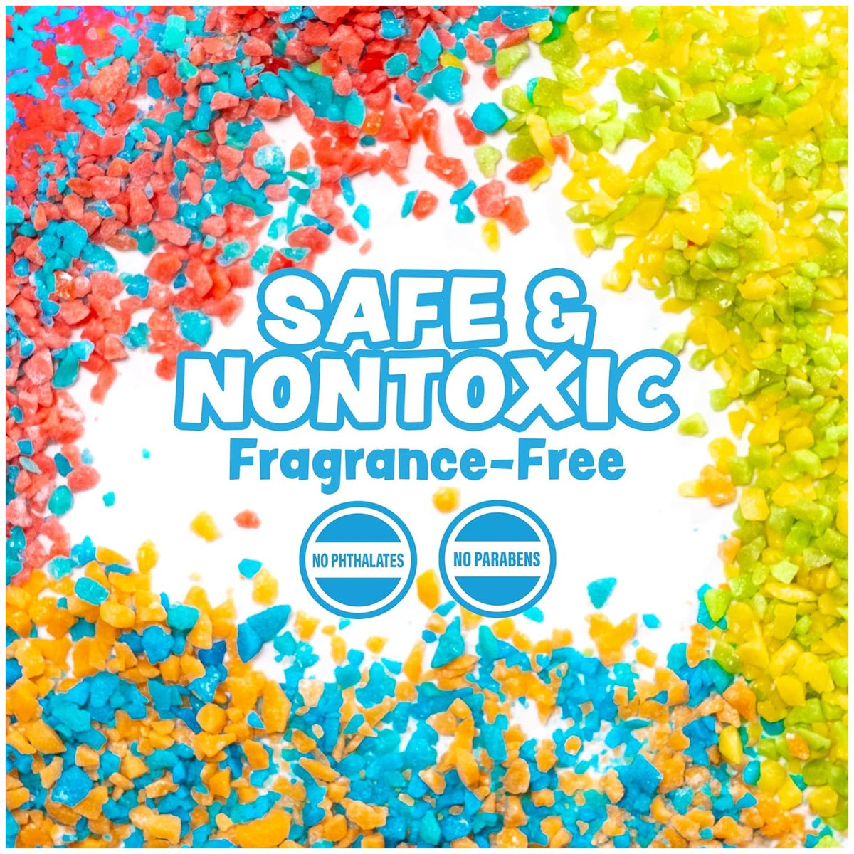 Colorful sprinkles with 'Safe & Nontoxic' and 'Fragrance-Free' text on a white background.