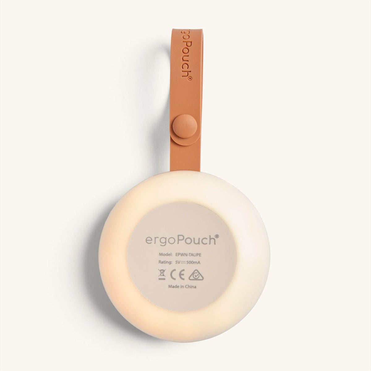 White baby bouncer with brown handle and 'ergoPouch' branding on a white background