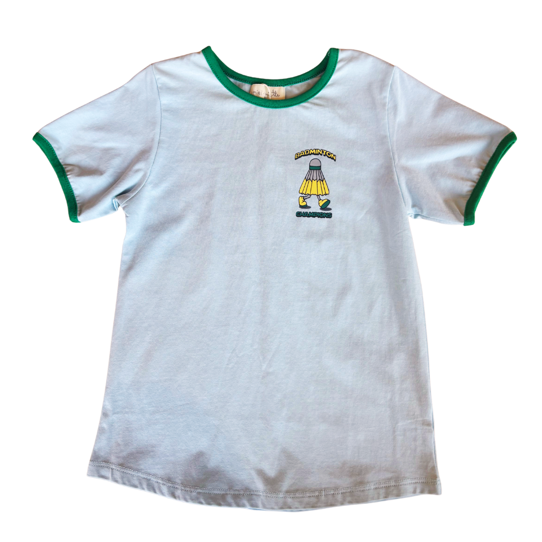 White t-shirt with green trim and a logo on a white background