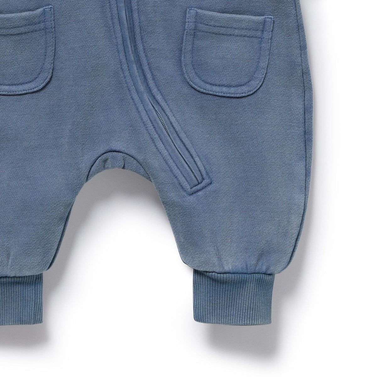 Blue baby pants with pockets on a white background