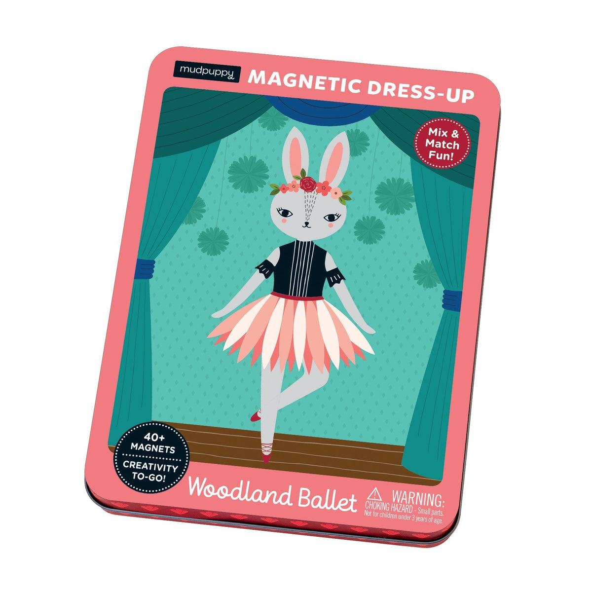 Magnetic dress-up kit for a bunny dancer with a pink border and 'Woodland Ballet' text.