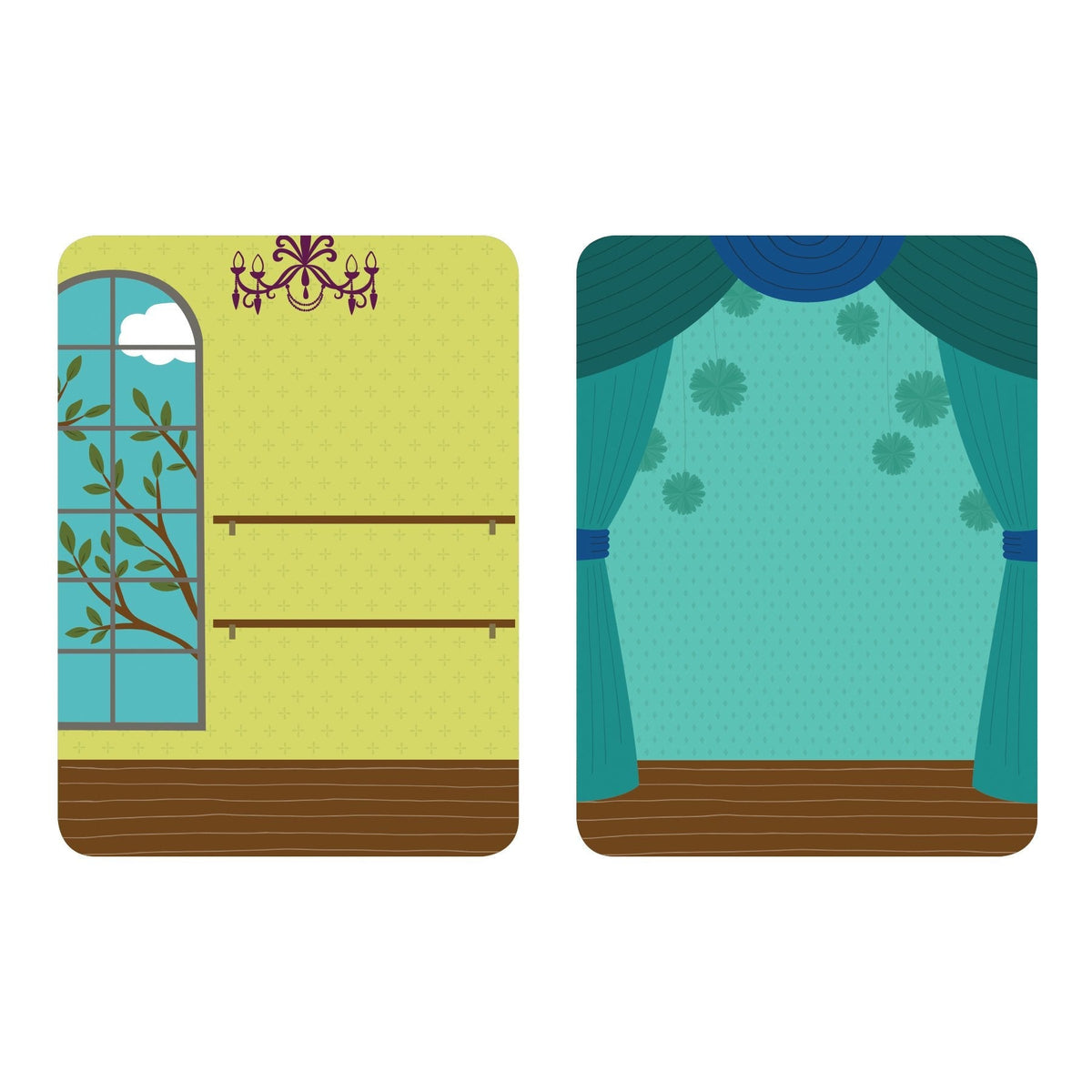 Two colorful notepads with window and curtain designs on a white background
