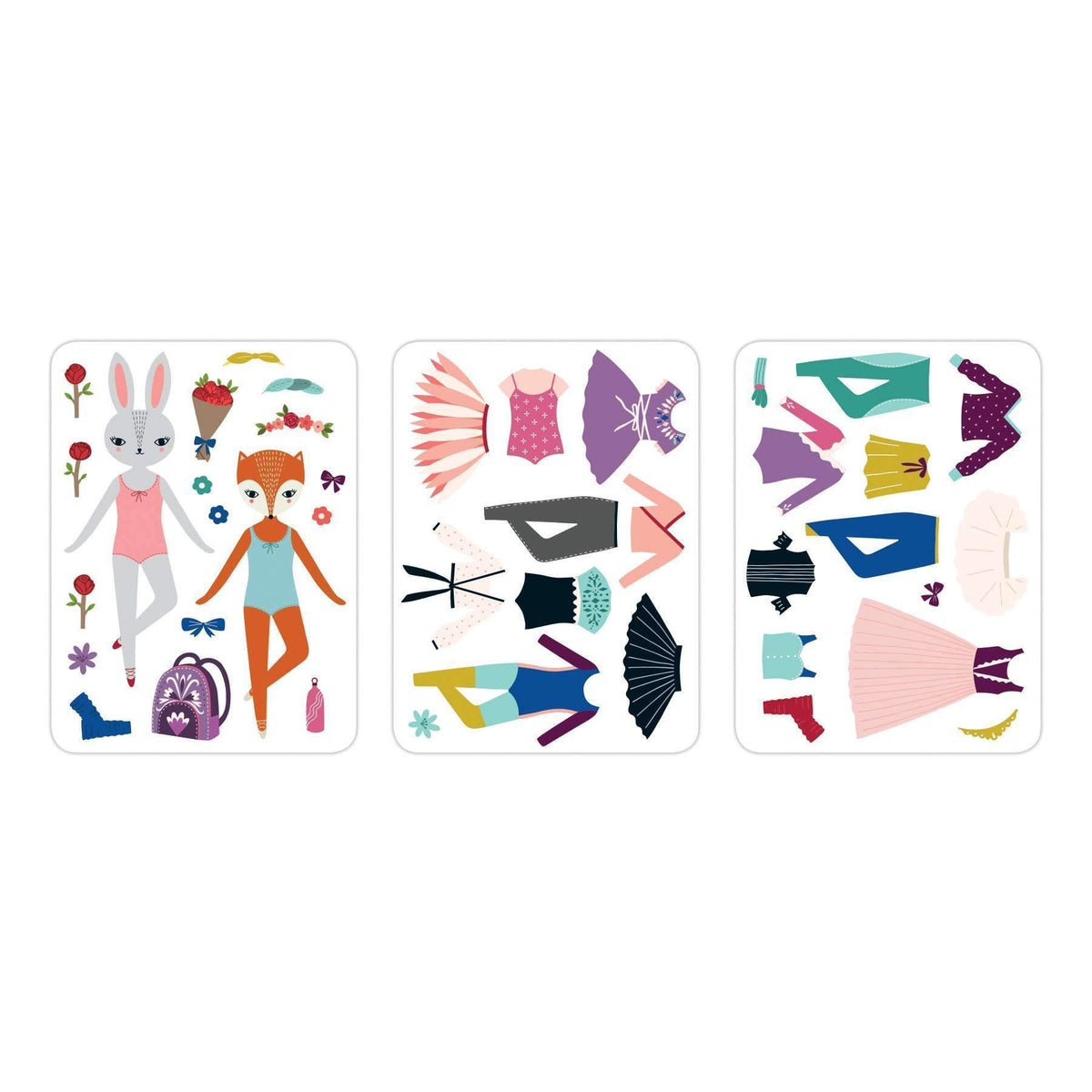 Set of dress-up cards with characters and clothing pieces on a white background