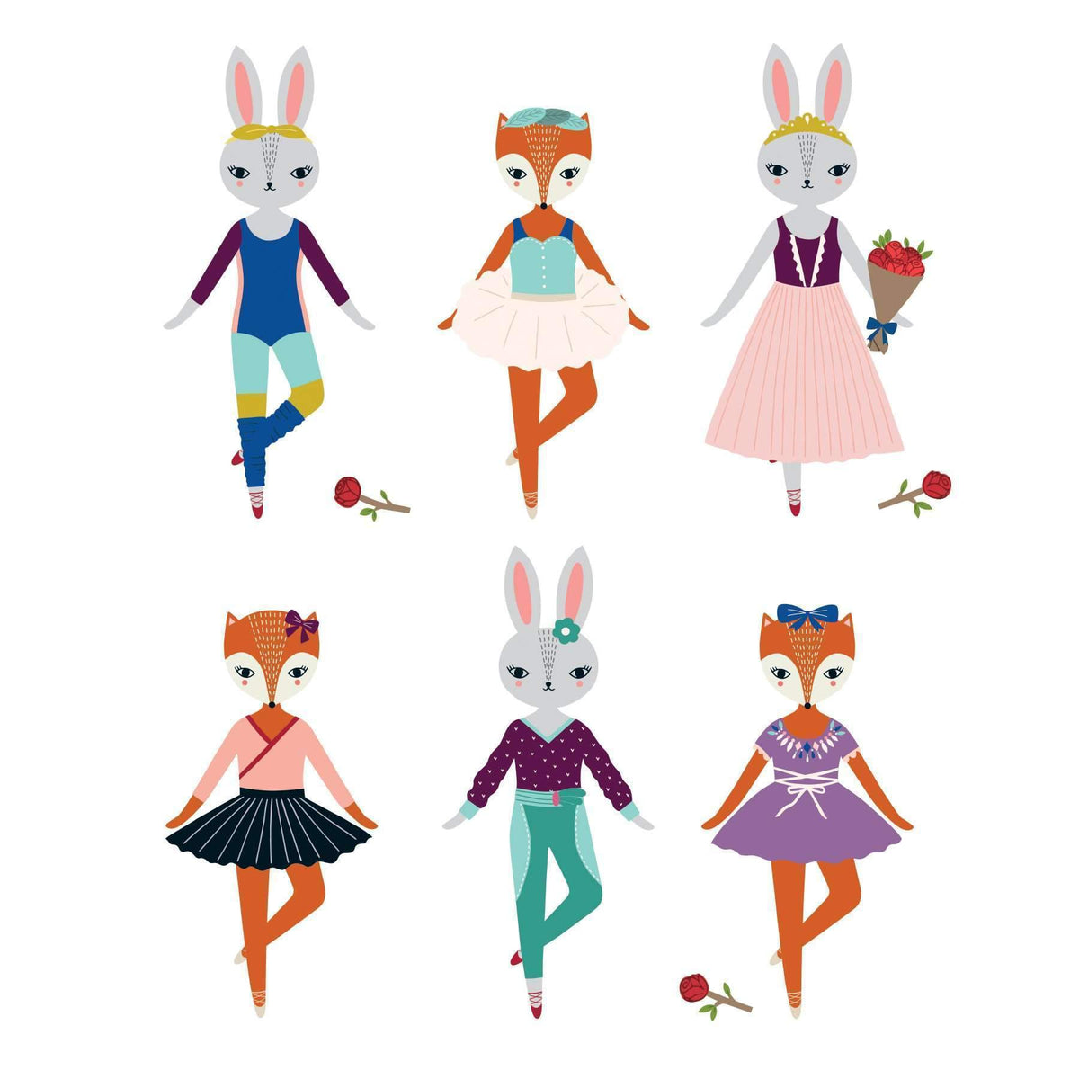 Illustrations of anthropomorphic animals in various poses on a white background