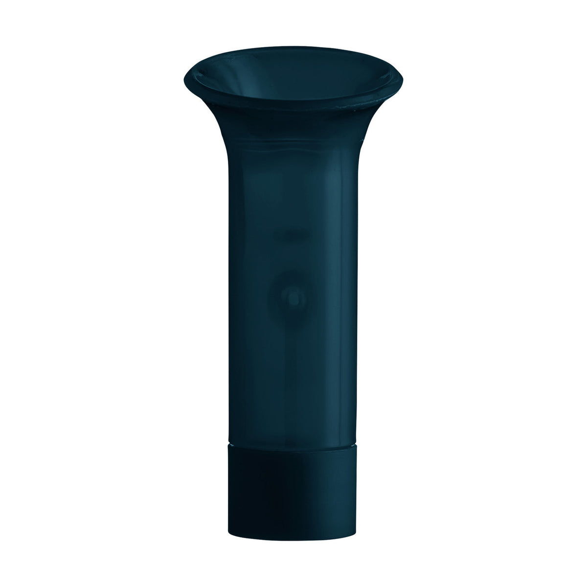 Dark blue cylindrical object with a wide base and narrow top on a white background