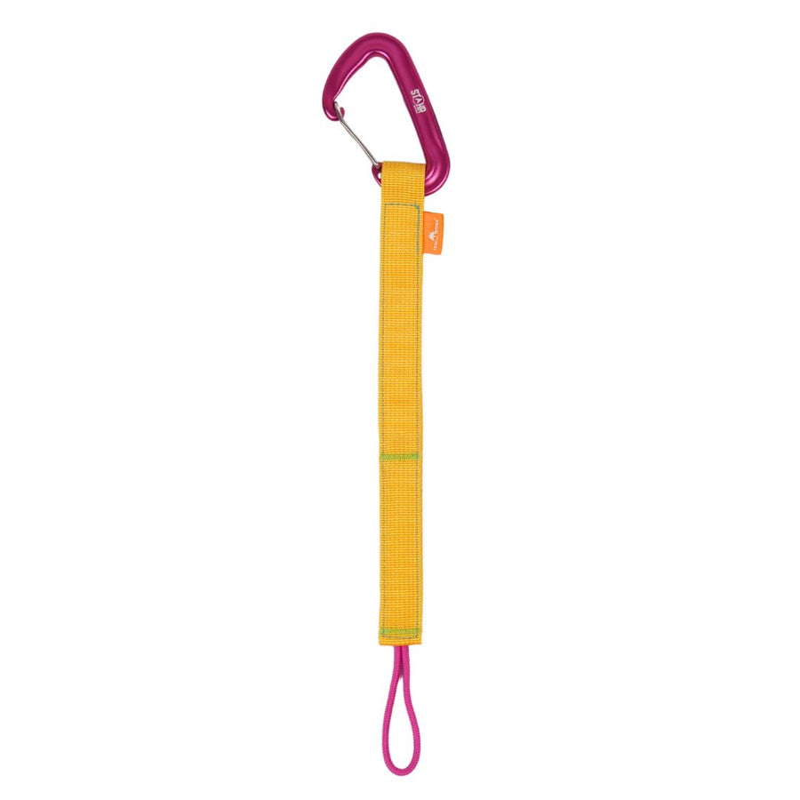 Yellow safety line with pink carabiner on a white background