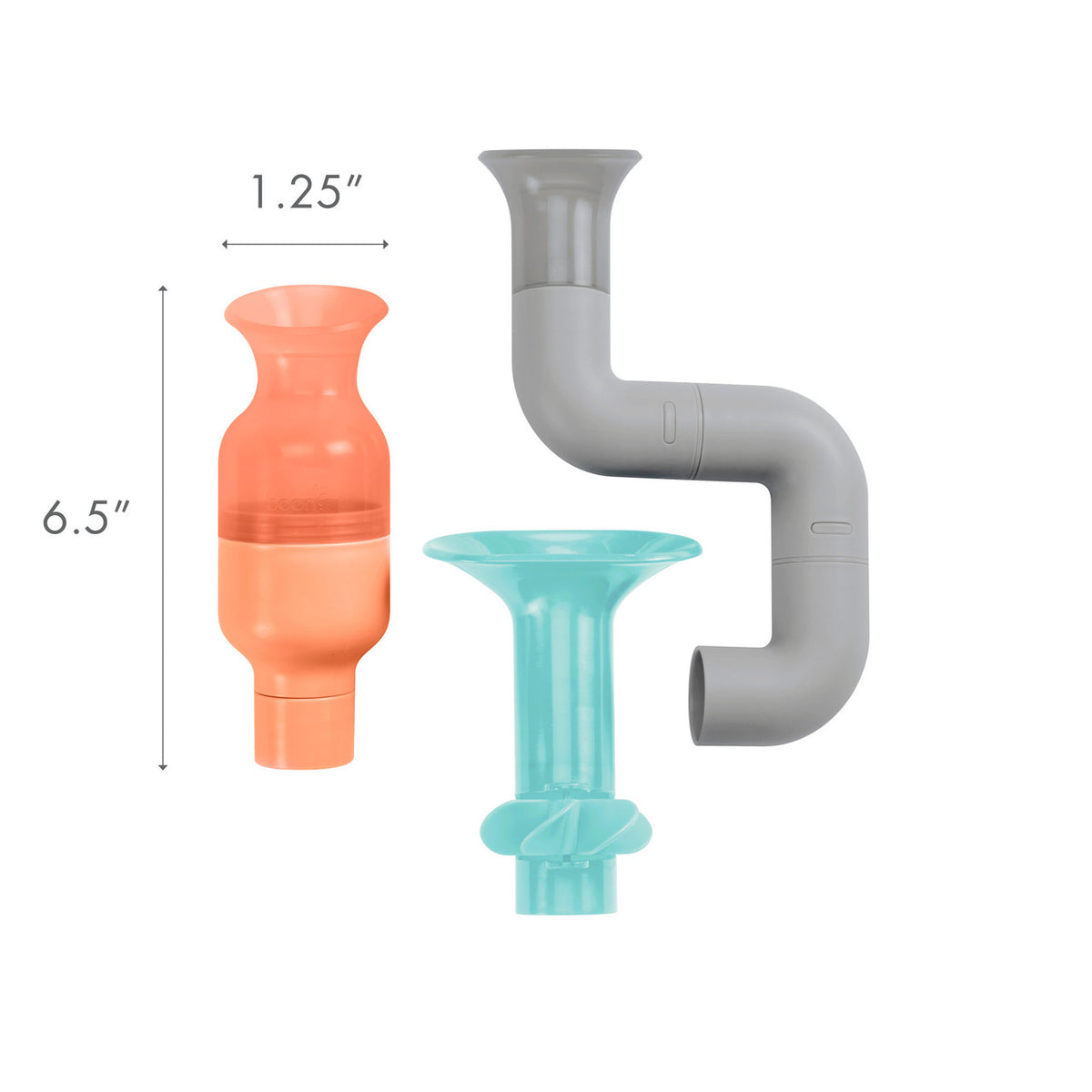 Three plastic nozzles with measurements on a white background